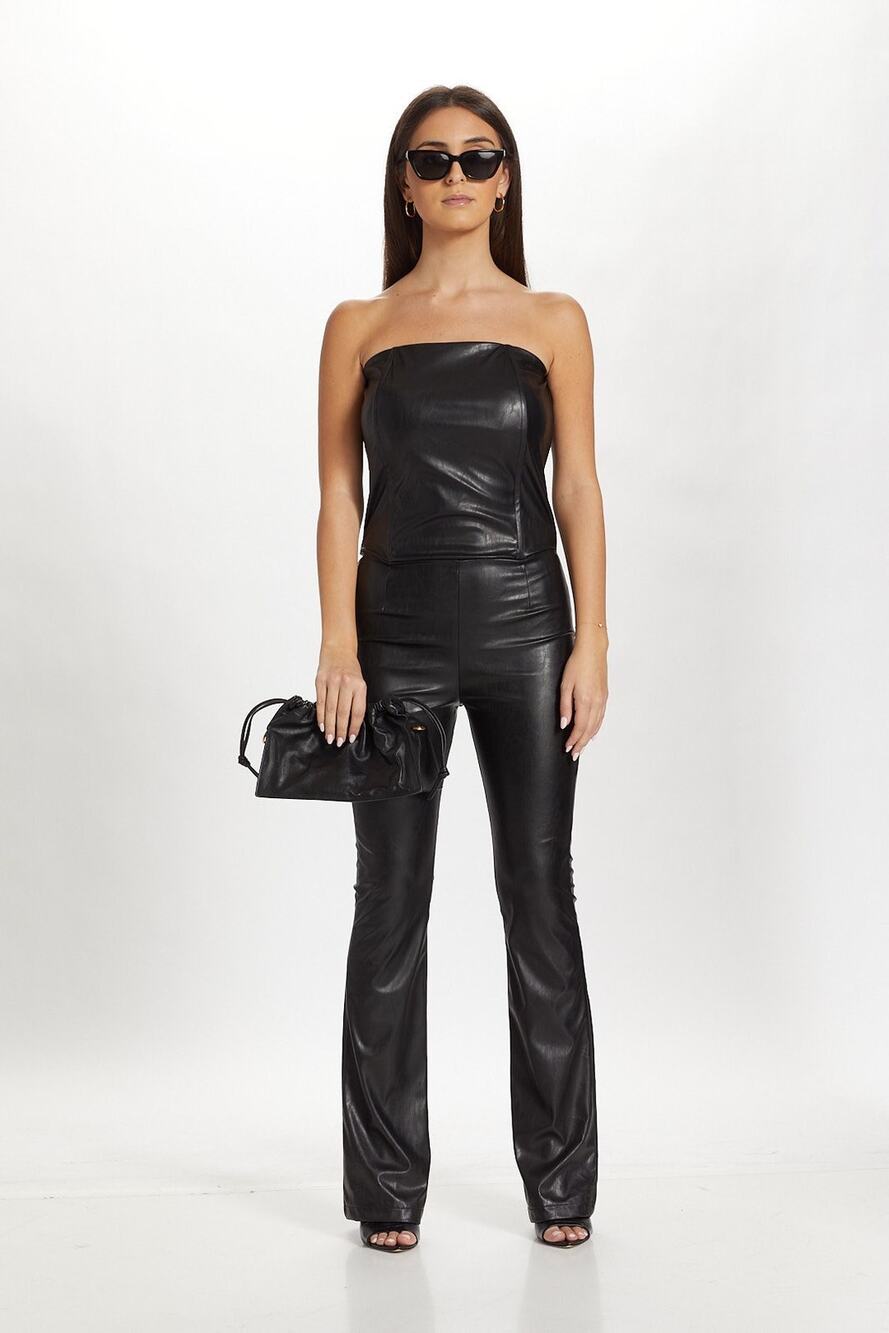 NEW Julianne Bartolotta Black Vegan Leather Strapless Tube Romper Jumpsuit Sz S